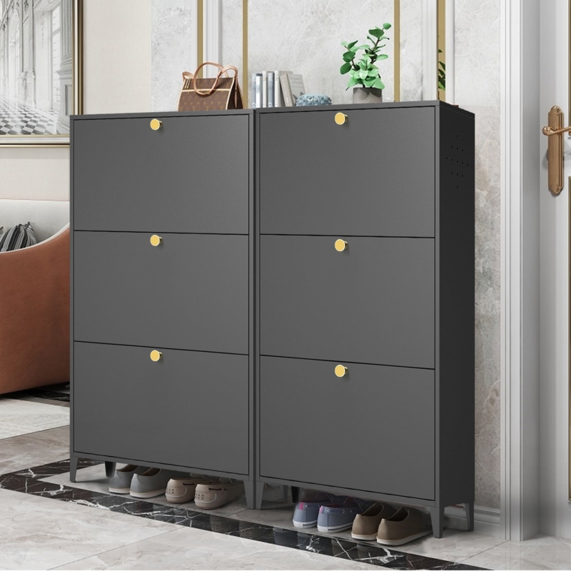 Charcoal Grey Metal Shoe Cabinet with Slim Profile and Gold Knobs