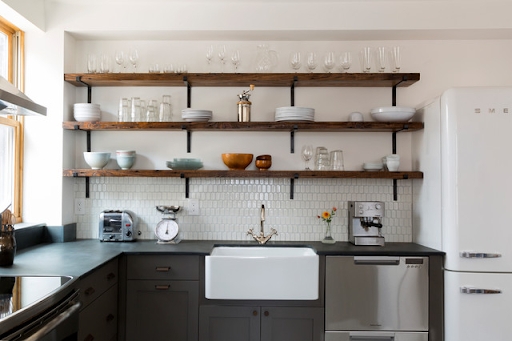 Charcoal Kitchen Cabinets with Open Wood Shelves and Farmhouse Sink