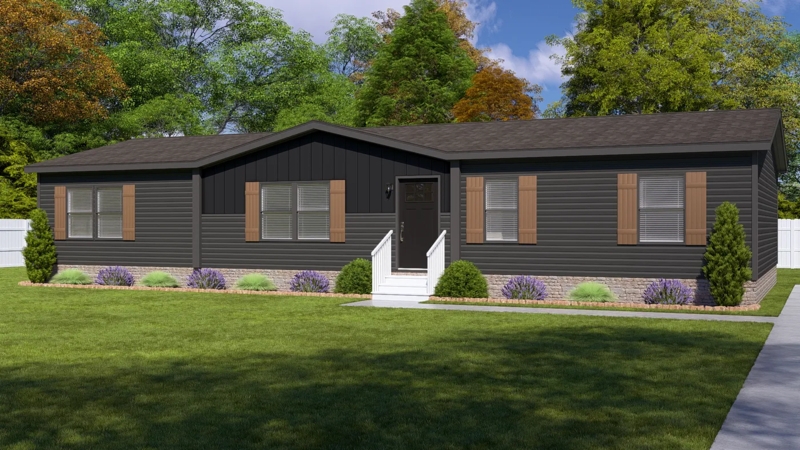 Charcoal Manufactured Home Exterior with Wood Shutters and Stone Base