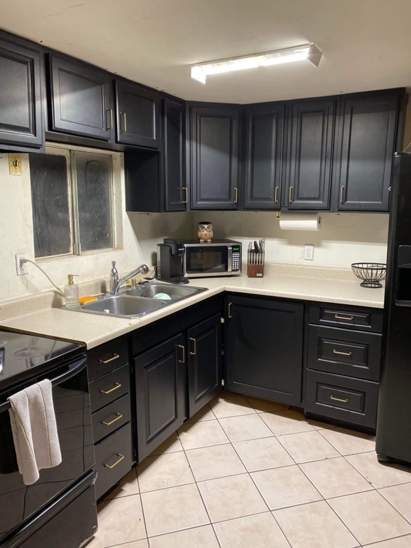 Charcoal Painted Cabinets with Gold Hardware Accents in Modern Kitchen
