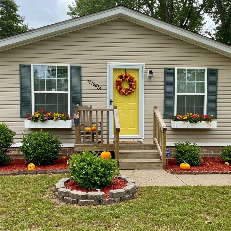 Charming Entryway with Yellow Front Door and Floral Window Boxes