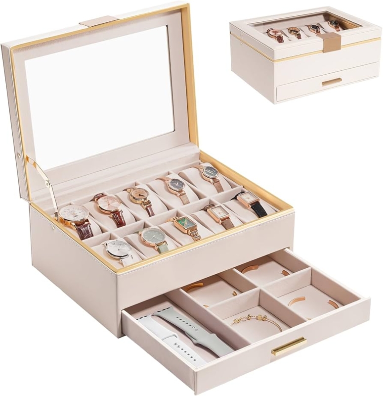 Chic Leather-Like Watch Box Organizer with Gold Trim
