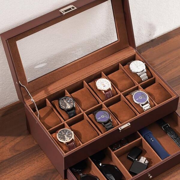 Chocolate Brown Watch Box Twelve Slot Two-Tier Glass Top Drawer