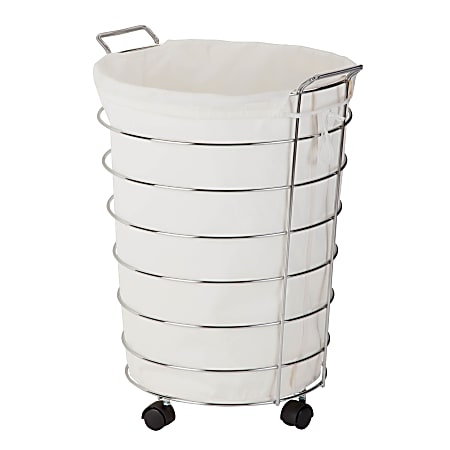 Chrome Rolling Hamper, Polished Wire Frame, Cream Fabric Liner, Casters
