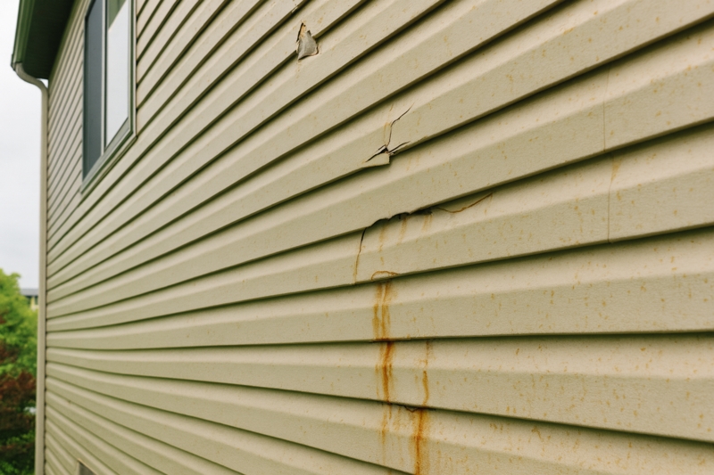 Close-Up of Damaged Tan Vinyl Siding with Rust Stains