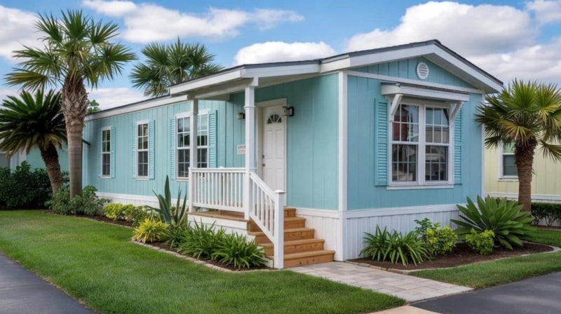 Coastal Cottage Mobile Home in Aqua Blue with Tropical Landscaping