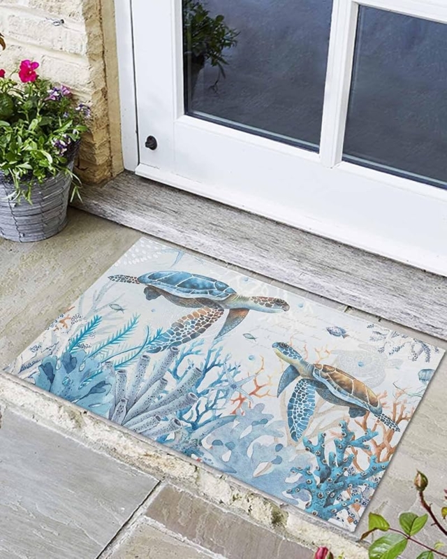 Coastal Sea Turtle Doormat, Watercolor Low Profile