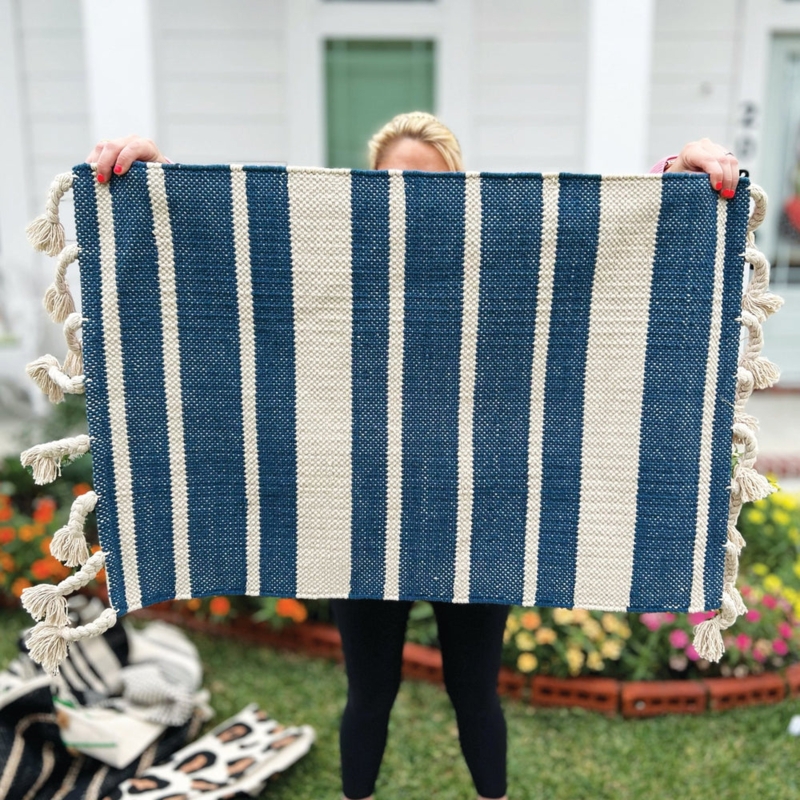 Coastal Striped Layering Rug, Oversized Navy Tassels
