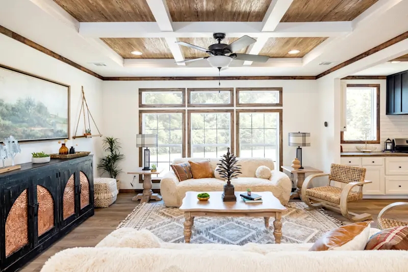 Coffered Wood Ceiling Design Ideas in Modern Farmhouse Living Room.