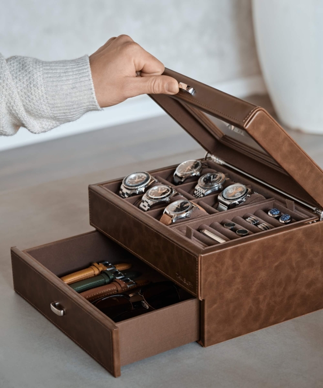 Cognac Brown Watch Box with Pebbled Texture and Drawer