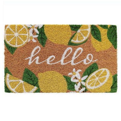 Coir Doormat Citrus Print Script Hello Cheerful Lemon Print Entryway
