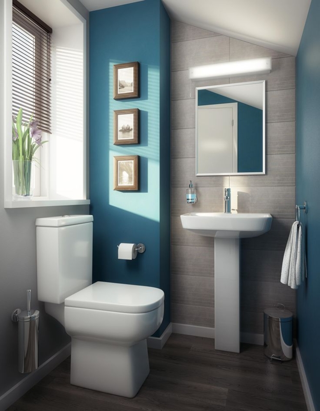 Compact Bathroom Layout with Teal Accent Wall and Grey Slat Tile