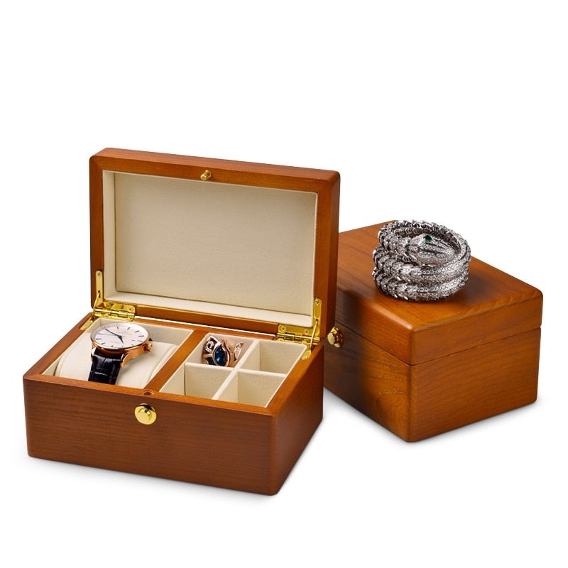 Compact Wood-Toned Watch Box with Gold Hardware
