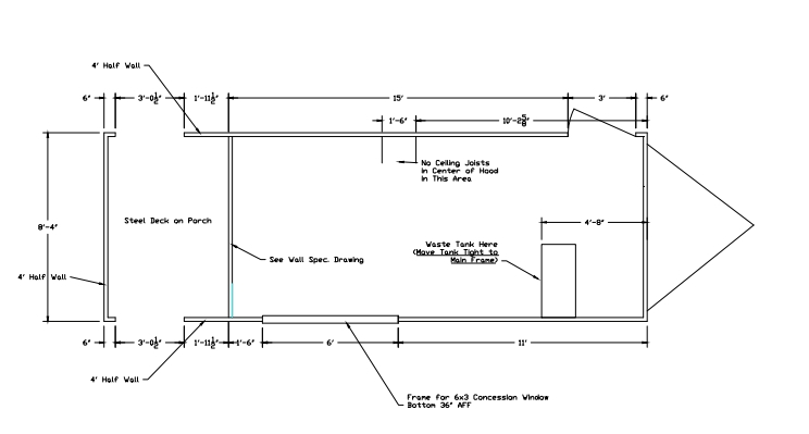 Concession Trailer Floor Plan Blueprint with Plumbing Layout and Dimensions