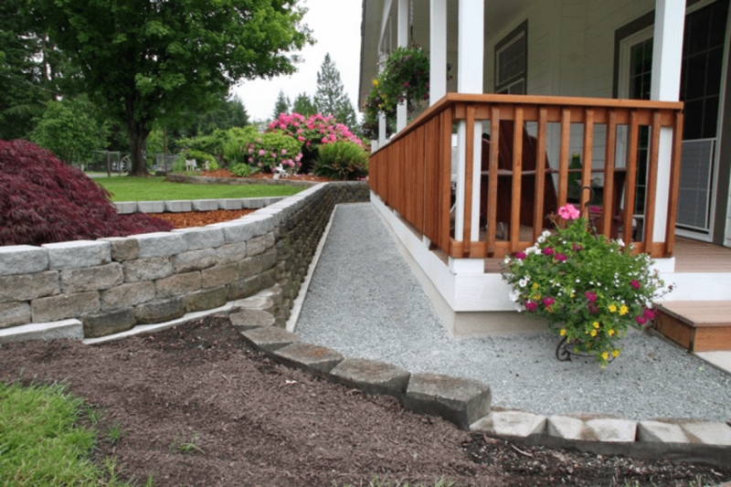 Concrete Foundation Skirting with Tiered Stone Wall and Gravel Border
