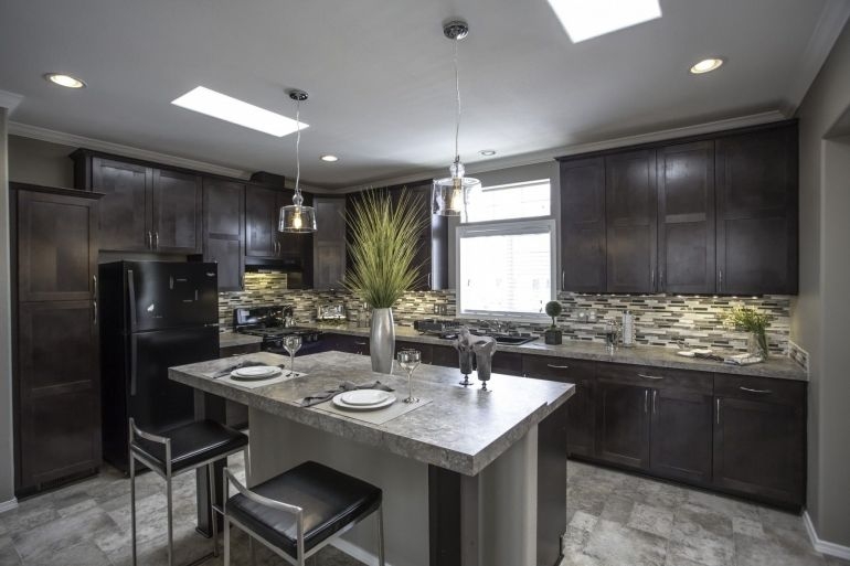 Contemporary Kitchen with Dark Cabinets and Mosaic Tile Backsplash