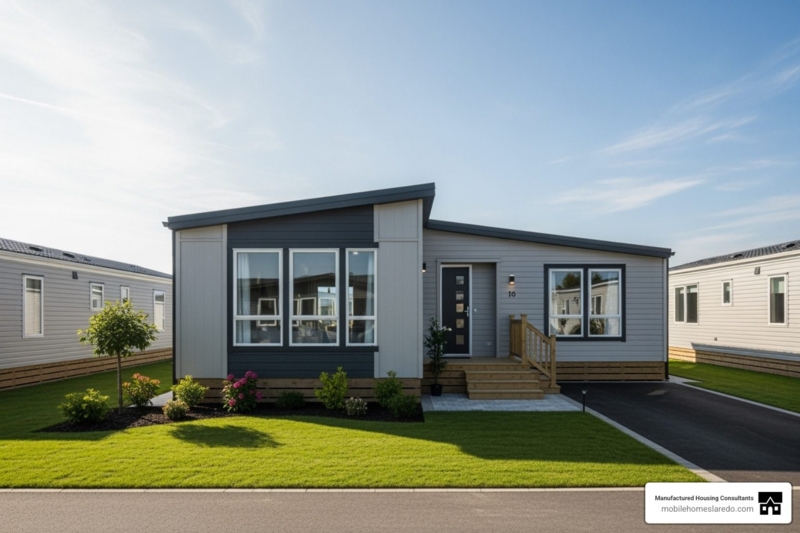 Contemporary Mobile Home Design featuring Sloped Roof and Grey Siding