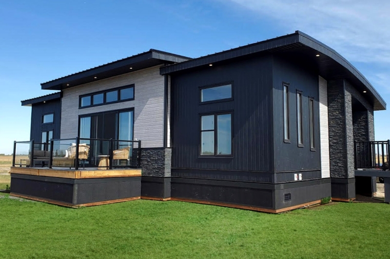 Contemporary Modular Home: Charcoal Siding, Insulated Skirting.