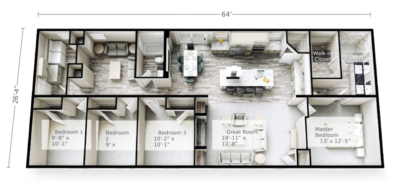 Contemporary Ranch Style 3D Render Floor Plan, 64-Foot Width
