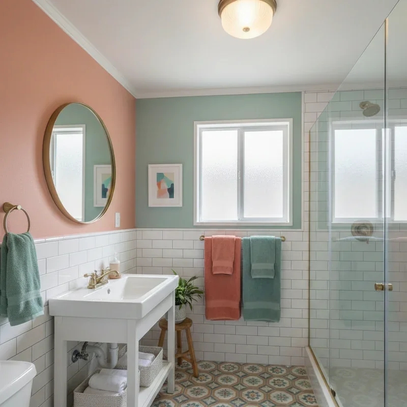 Coral and Sage Green Bathroom with Patterned Floor and Gold Accents