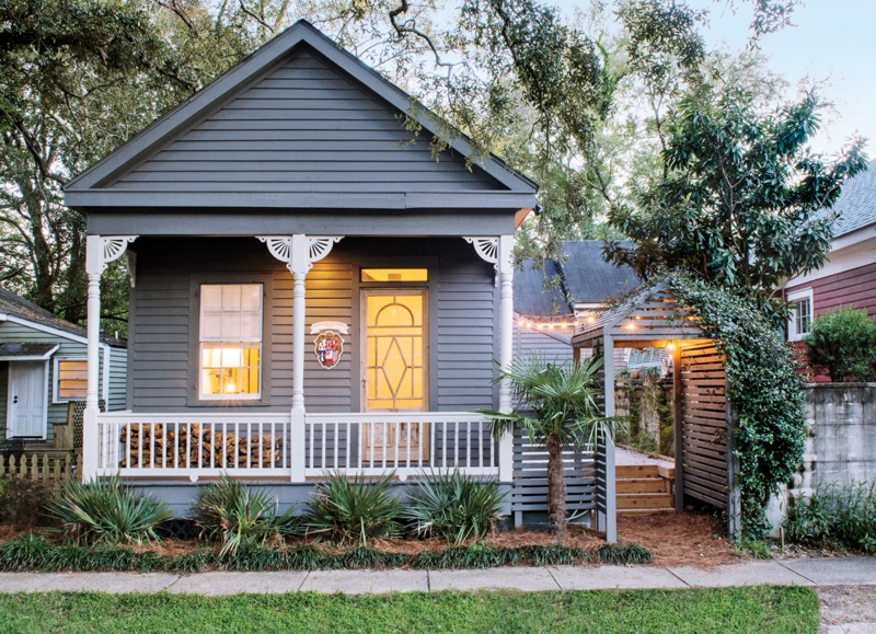 Cottage Exterior: Grey Siding, White Trim & Decorative Porch