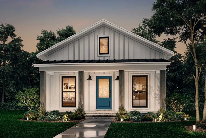 Cottage Exterior Modern Farmhouse White Siding with Vibrant Blue Door