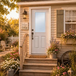 Cottage Style Exterior Door with Large Glass Pane and Panels