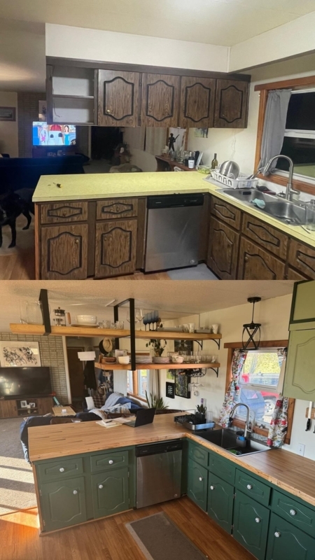 Cottage Style Kitchen Transformation with Open Shelving and Butcher Block