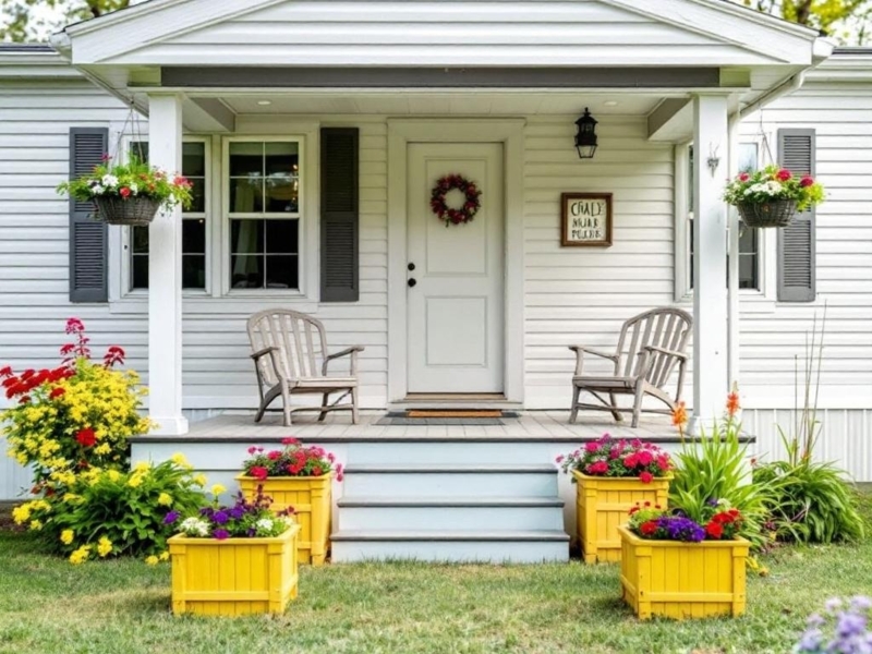 Cottage Style Porch: Yellow Planters, Adirondack Chairs, & White Siding