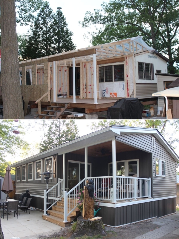 Covered Mobile Home Porch Addition with Dark Siding Refresh & Stairs