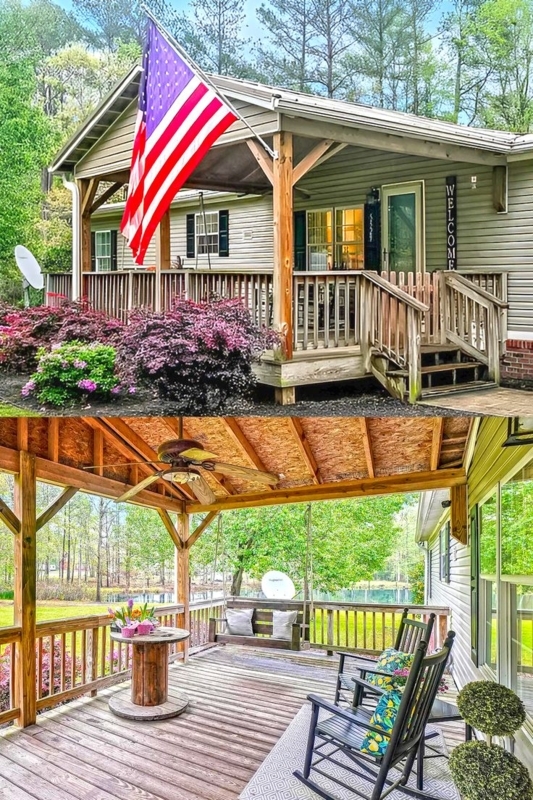 Covered Porch with Industrial Cable Reel Table and Rustic Decor