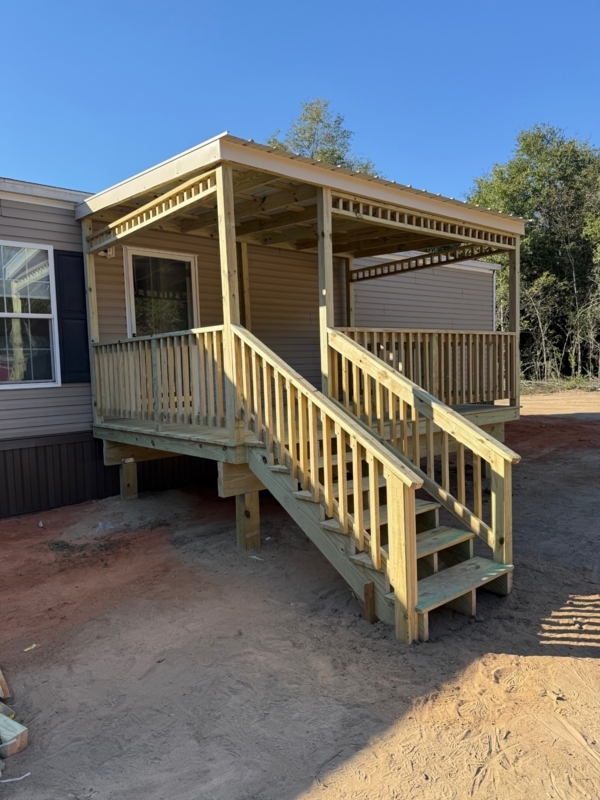 Covered Porch Wooden Deck with Integrated Stairs and Traditional Style