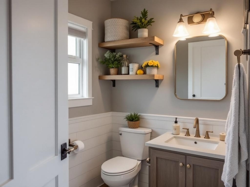 Cozy Farmhouse Bathroom: Shiplap and Floating Wood Shelves