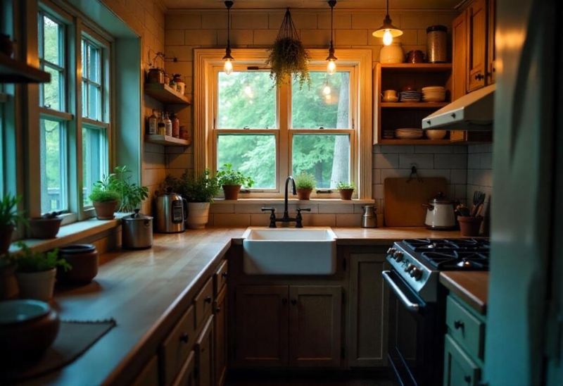 Cozy Kitchen: Wood Butcher Block Countertops, Farmhouse Sink (64 chars)
