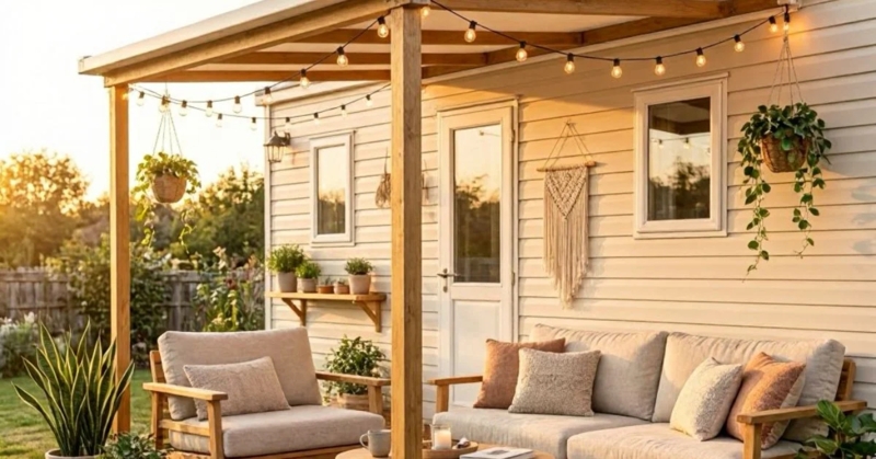 Cozy Outdoor Living Space with Framed Seating and String Lights
