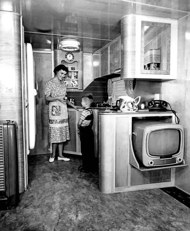 Curved Cabinetry and Built-In Television in Mid-Century Mobile Home