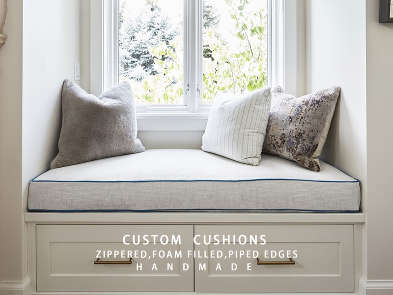 Custom Bench Cushion with Navy Blue Piping Detail