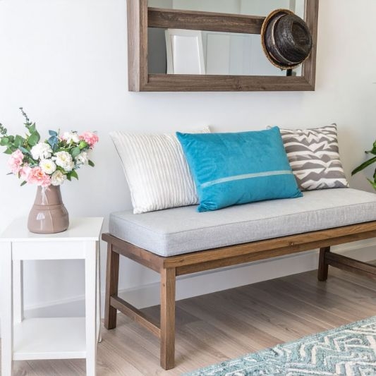 Custom Bench Cushion with Vibrant Teal Accent Pillows