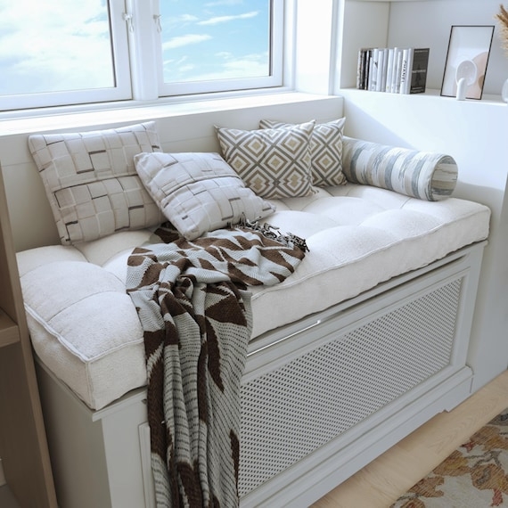 Custom Linen-Like Bench Cushion on Lattice Front Seat