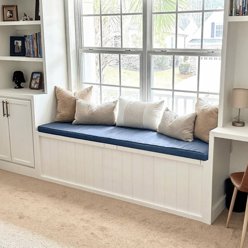 Custom Navy Bench Cushion on Built-In Shiplap Base