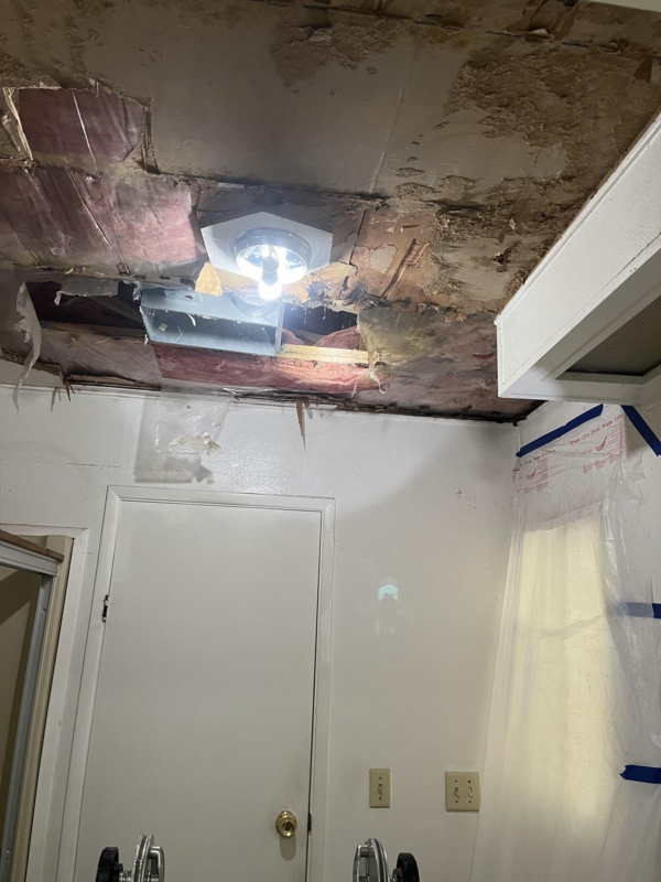 Damaged Ceiling: Peeling Panels with Exposed Insulation and Flush Light