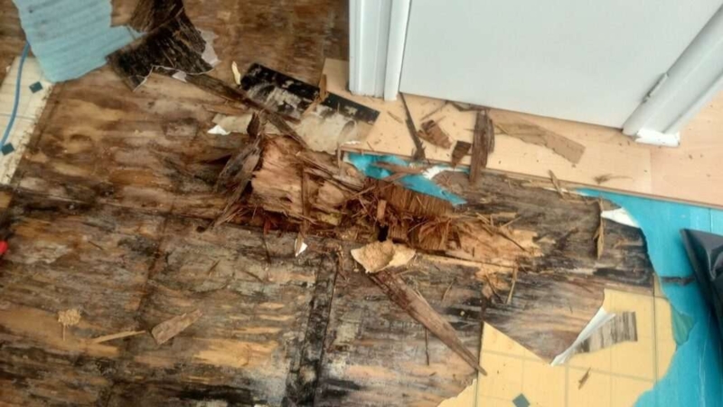Damaged Wood Subfloor Splintered Edges Exposed Underlayment Renovation