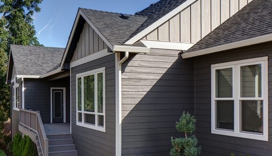 Dark Gray Siding with Wood Board and Batten Gable Accents Exterior