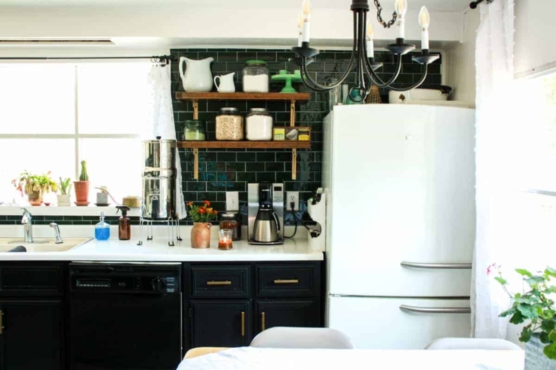 Dark Green Kitchen Backsplash Ideas with Black Cabinets and Open Shelving