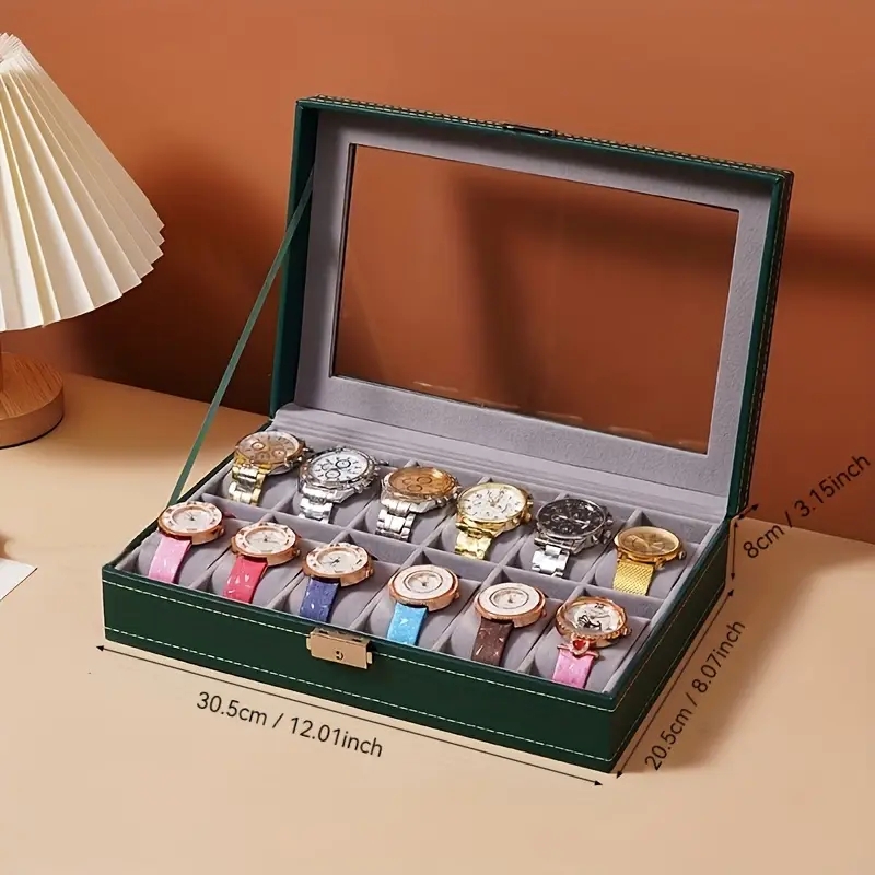 Dark Green Watch Box Glass Lid Gold Lock Detail Contrast Stitching