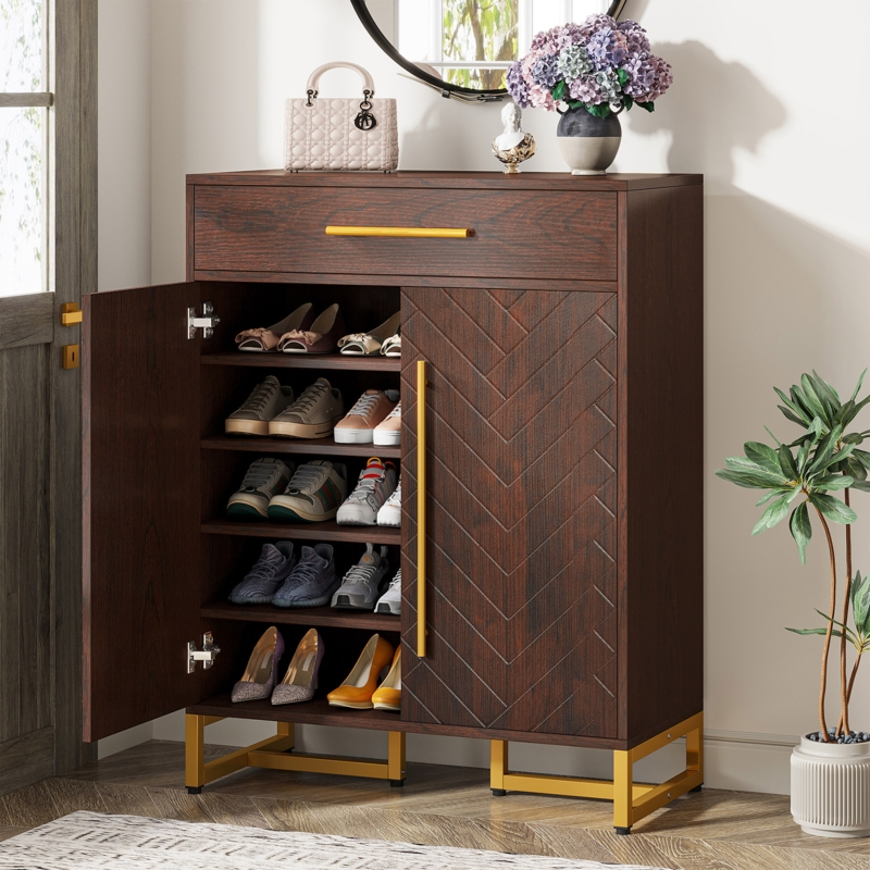 Dark Wood Shoe Cabinet with Chevron Pattern Door and Gold Metal Base