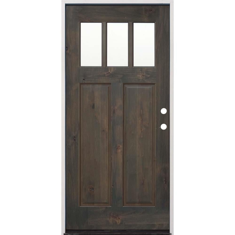 Dark Wood-Toned Craftsman Exterior Door: 3-Lite Top, Recessed Panels