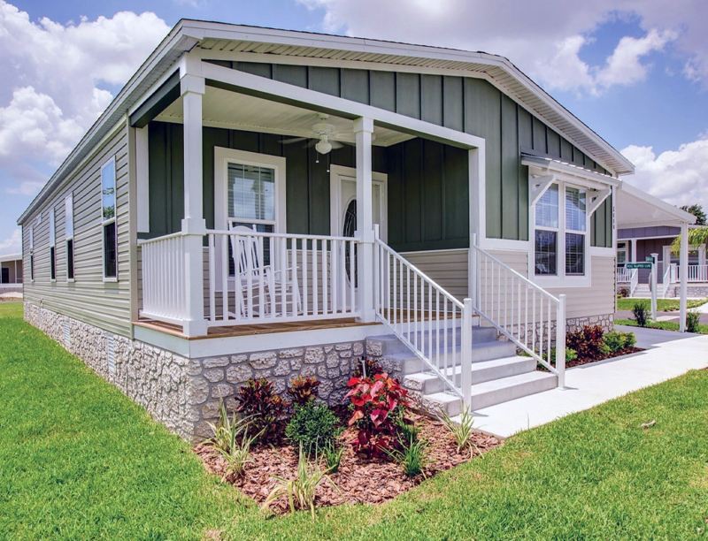 Decorative Stone Mobile Home Skirting on Modern Farmhouse Exterior