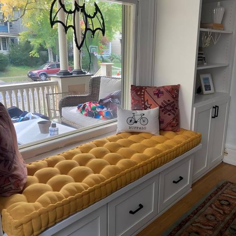 Deep Tufted Bench Cushion in Mustard Yellow Velvet