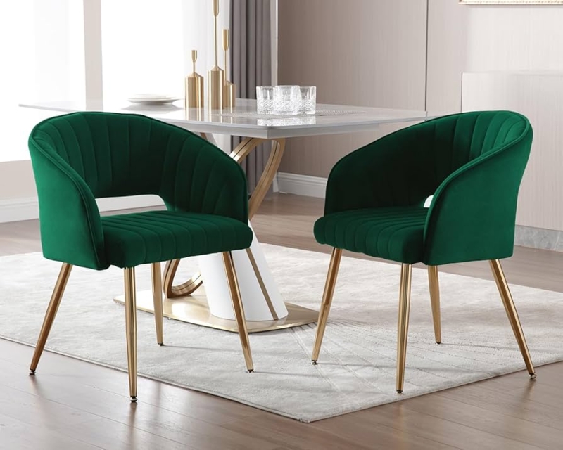 Dining Chair Emerald Green Velvet Vertical Channel Tufting Gold Legs